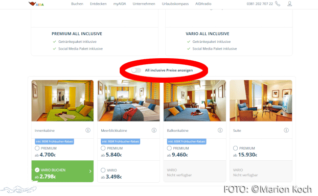 AIDA ALL INCLUSIVE in Buchungsmaske auf der AIDA Homepage