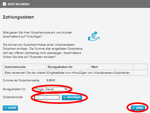 Screenshot Zahlungsdaten AIDA Gutschein einlösen - Screenshot Zahlungsdaten