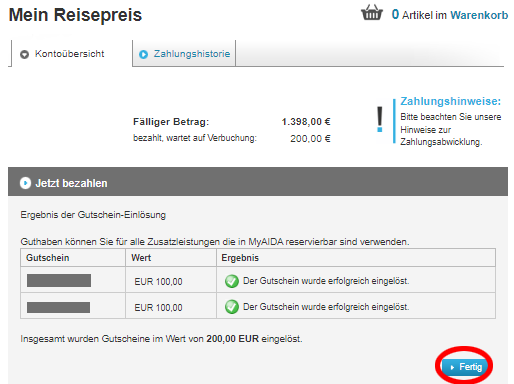 Screenshot Bestätigung AIDA Gutschein einlösen - Screenshot Bestätigung