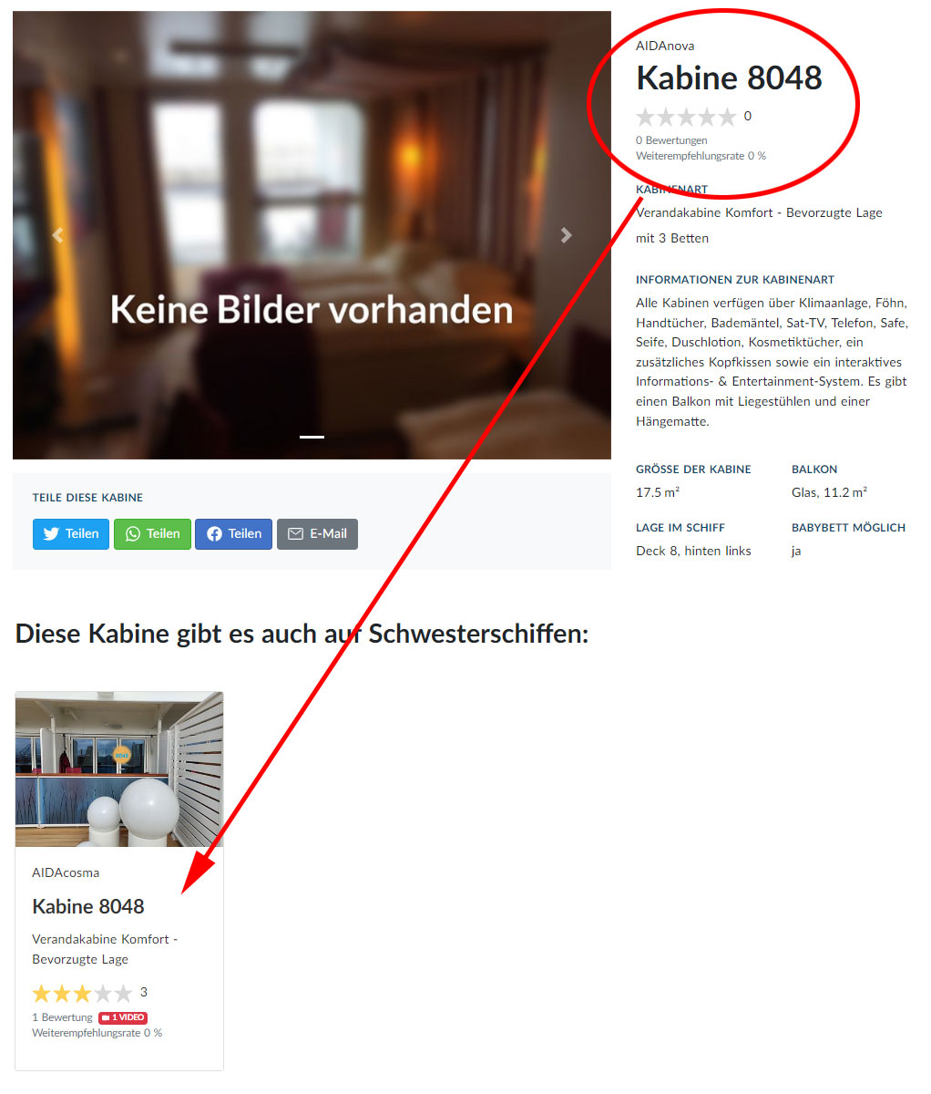Kabine ohne Bewertung mit Verweis auf Schwesterschiff Beispiel Kabine ohne Bewertung mit Verweis auf Schwesterschiff