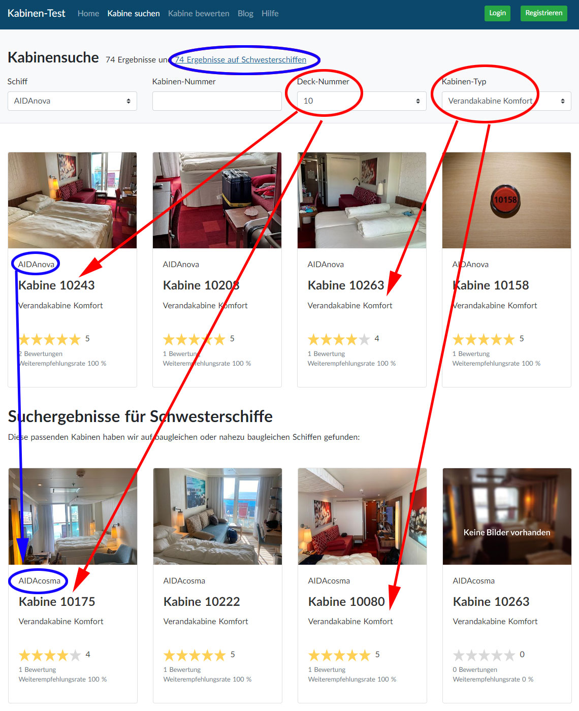 Suche nach Kabinen-Typ und Deck Beispiel Suche bei Kabinen-Test