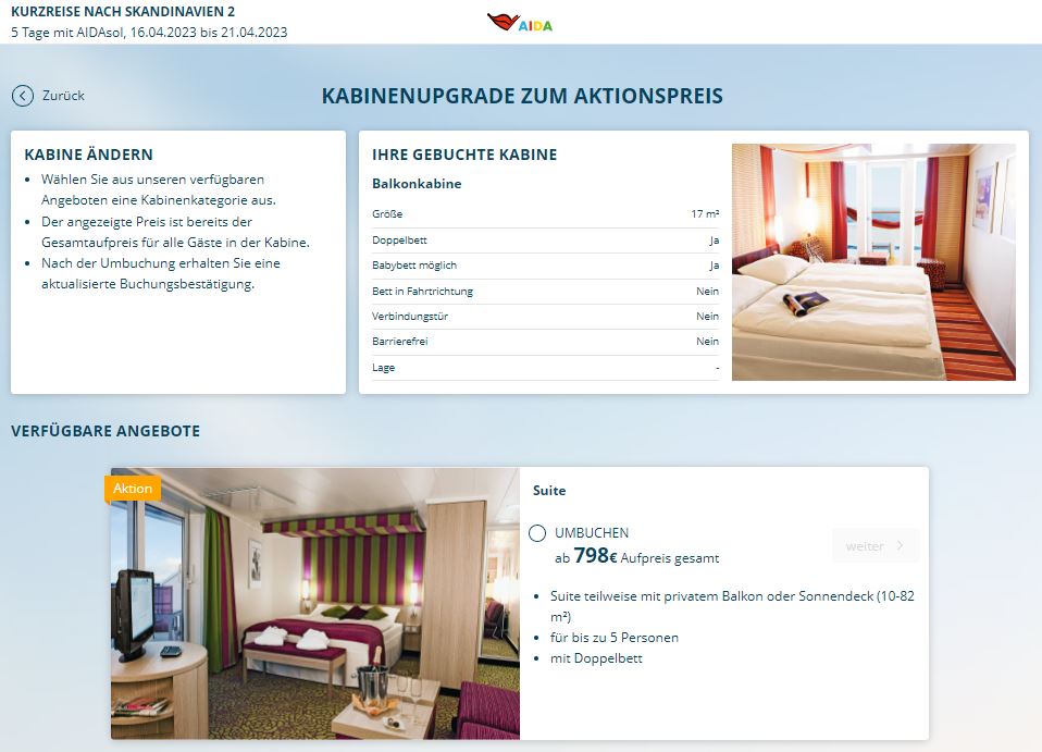 Angebot Upgrade auf Suite AIDA Kabinenupgrade - Angebot Upgrade auf Suite