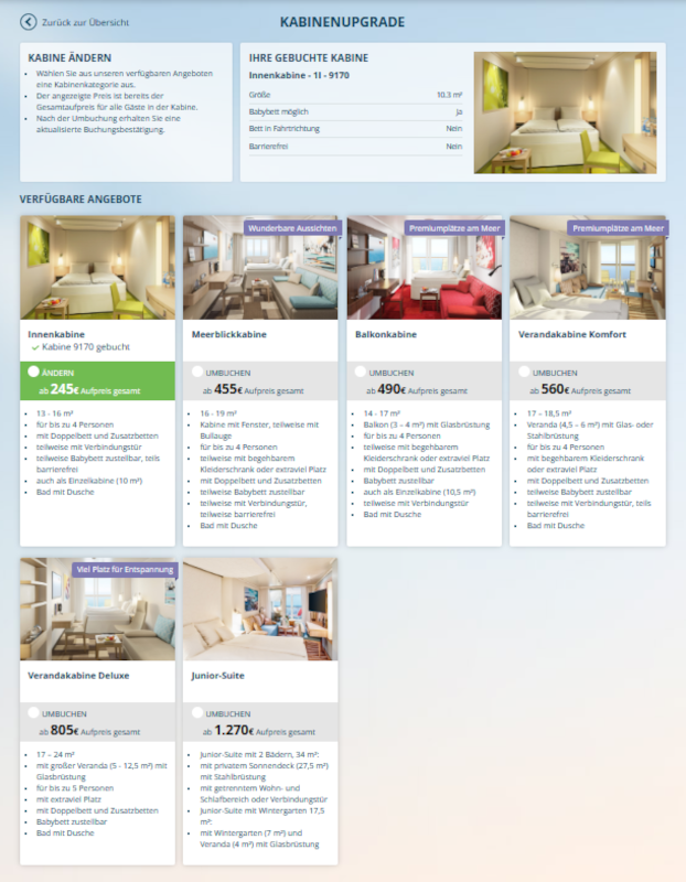 myAIDA Screenshot - Umbuchungsoptionen im Überblick AIDA Kabine umbuchen - Umbuchungsoptionen im Überblick