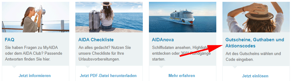 Link auf der myAIDA Startseite AIDA Bordguthaben einlösen - Link auf der myAIDA Startseite