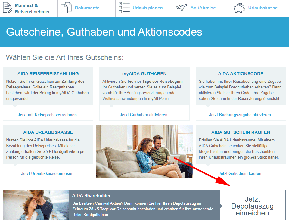 Link zum Upload-Bereich für den Depotauszug AIDA Bordguthaben einlösen - Link zum Upload-Bereich für den Depotauszug