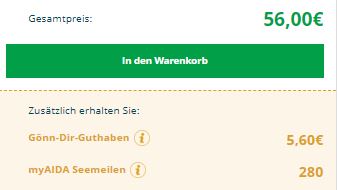 Warenkorb mit Seenmeilen und Gönn-Dir-Guthaben AIDA Screenshot myAIDA Kundencenter - Warenkorb mit Seenmeilen und Gönn-Dir-Guthaben