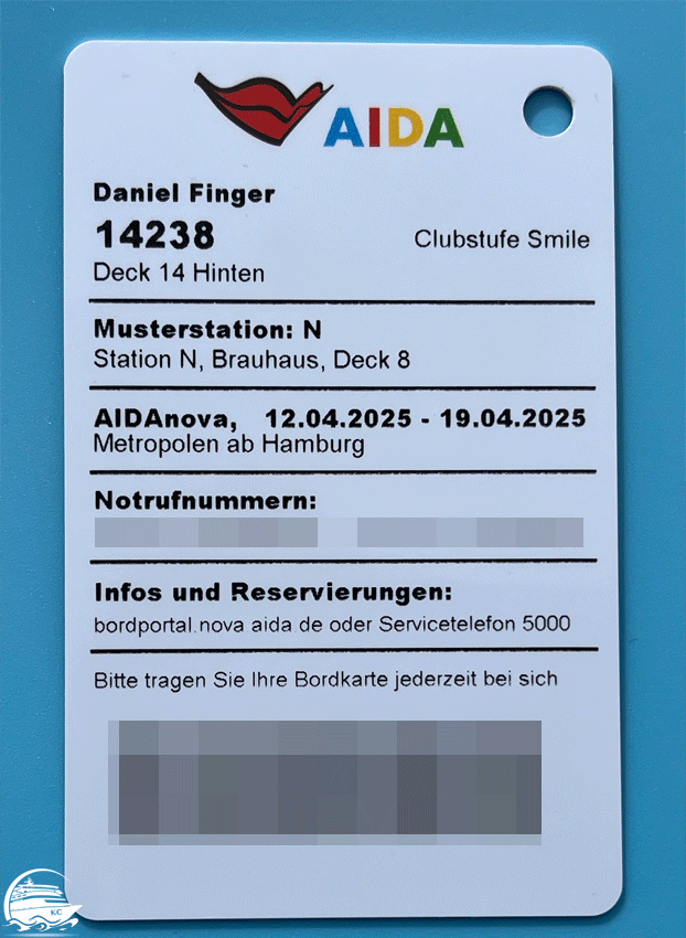 AIDA Bordkarte Bordkarte Vorderansicht