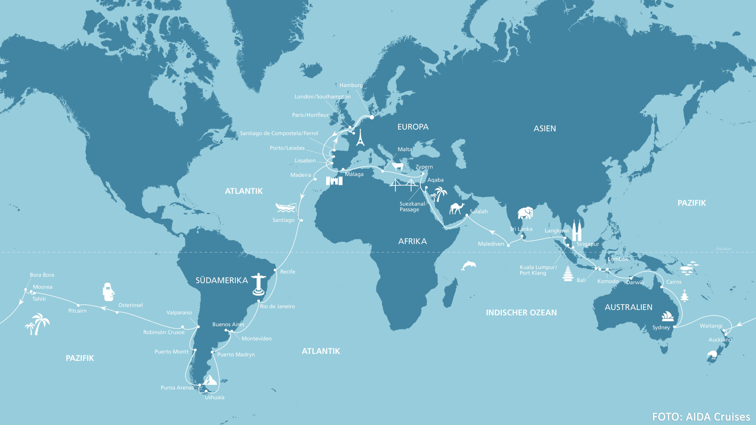 Die dritte AIDA Weltreise im Überblick (Karte) Karte der dritten AIDA Weltreise mit AIDAaura