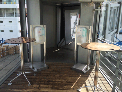 Das Kreuzfahrt-Hygiene 1x1 7 Desinfektionsmittelspender am Zugang zur Gangway