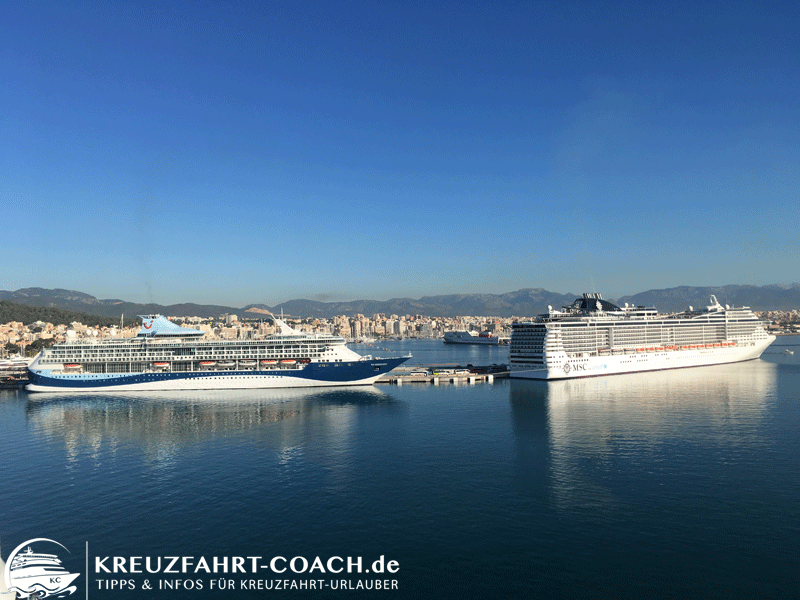 Schiffe im Hafen von Mallorca Bei zwei Kreuzfahrtschiffen ist die Abgasfahne zu erkennen.