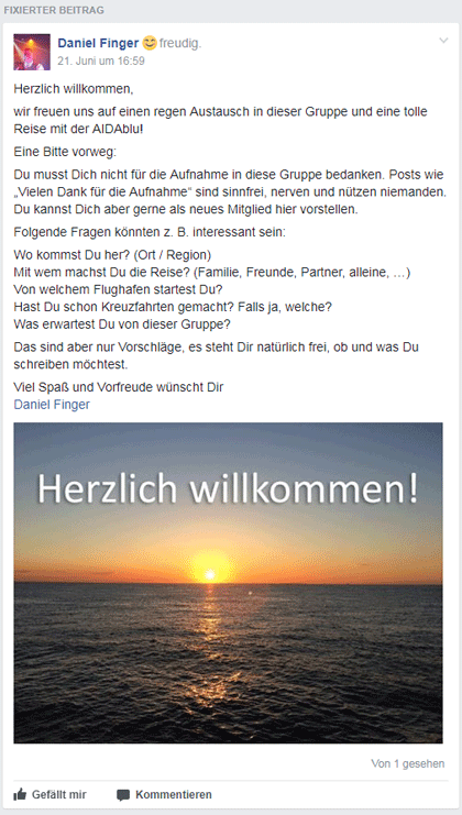 Facebook Gruppe erstellen – Meine Tipps 9 Screenshot fixierte Willkommensnachricht